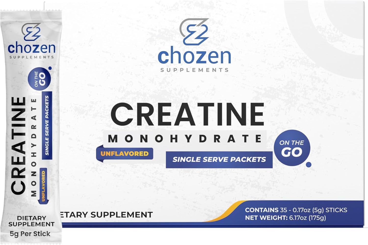 ChoZen Supplements Creatine Monohydrate Powder – 5g (5000mg) | Single Serve Packets | 35 Stick Packs | Keto Friendly | Vegan