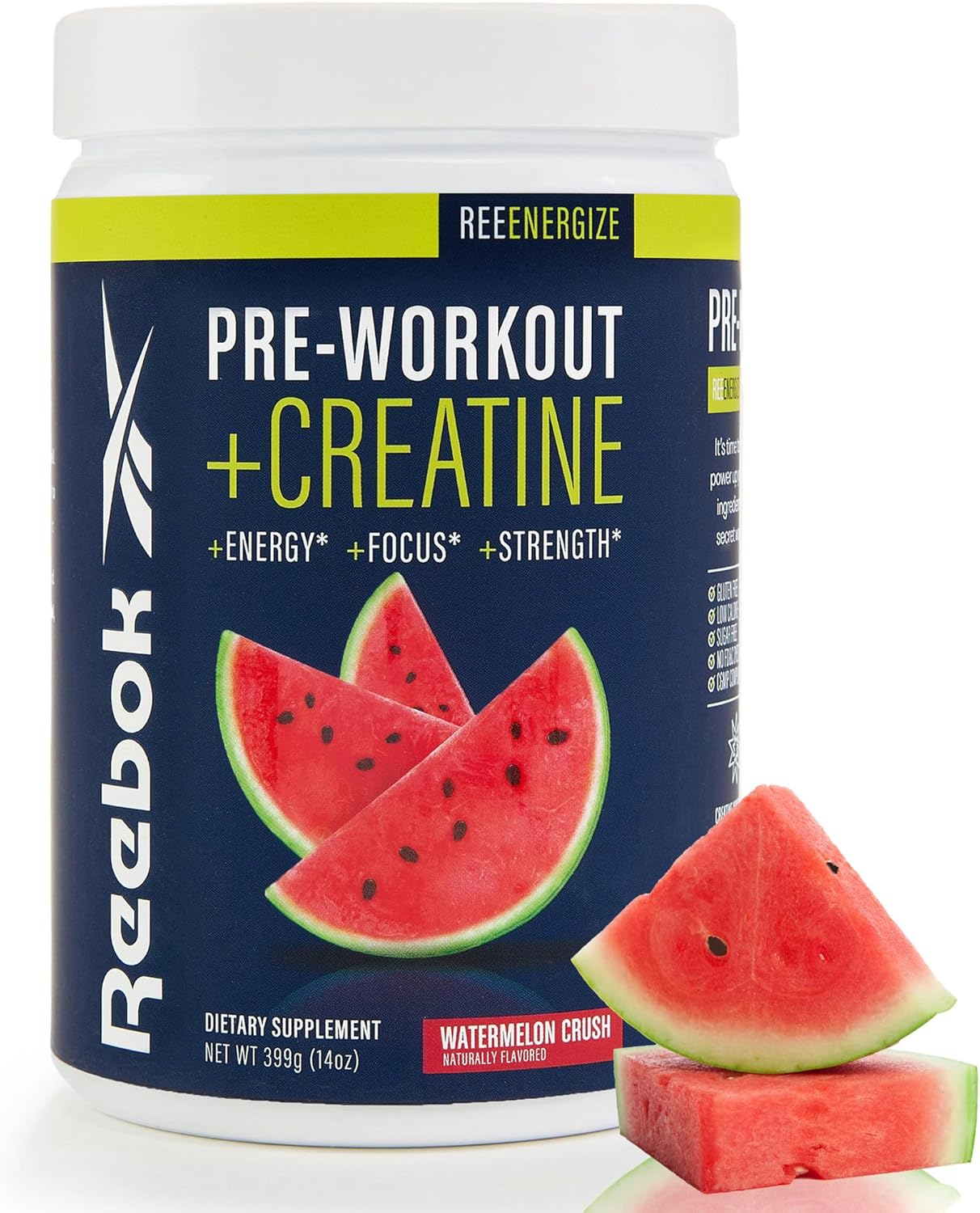 Reebok Pre-Workout Powder | 200mg Natural Caffeine, 3g Creatine Monohydrate, 4g Citrulline | Strength, Focus & Pump | Informed-Sport Certified | ReeEnergize | Watermelon Crush