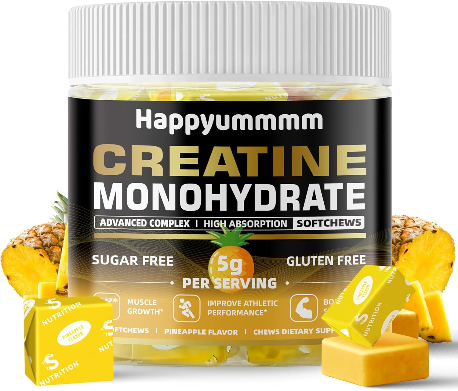 Creatine Monohydrate Chews 5g for Men & Women, Preworkout Gummy with Electrolyte for Muscle Growth, Strength & Energy Support, Pineapple 60 pcs