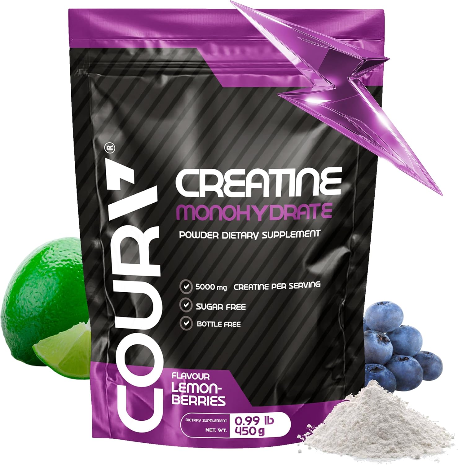 COURA Creatine Monohydrate Lemon-Berries Flavor – 450g – Sports Supplement – Strength and Endurance – Ideal for Intense Workouts – Gluten Free – Bottle Free