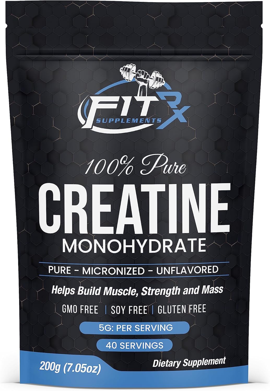 FITRxSupplements.com Pure Creatine Monohydrate Powder – Zero Added Ingredients – No Calories, 5g per Serving, Unflavored 40 Servings, 200g, Quick Dissolve