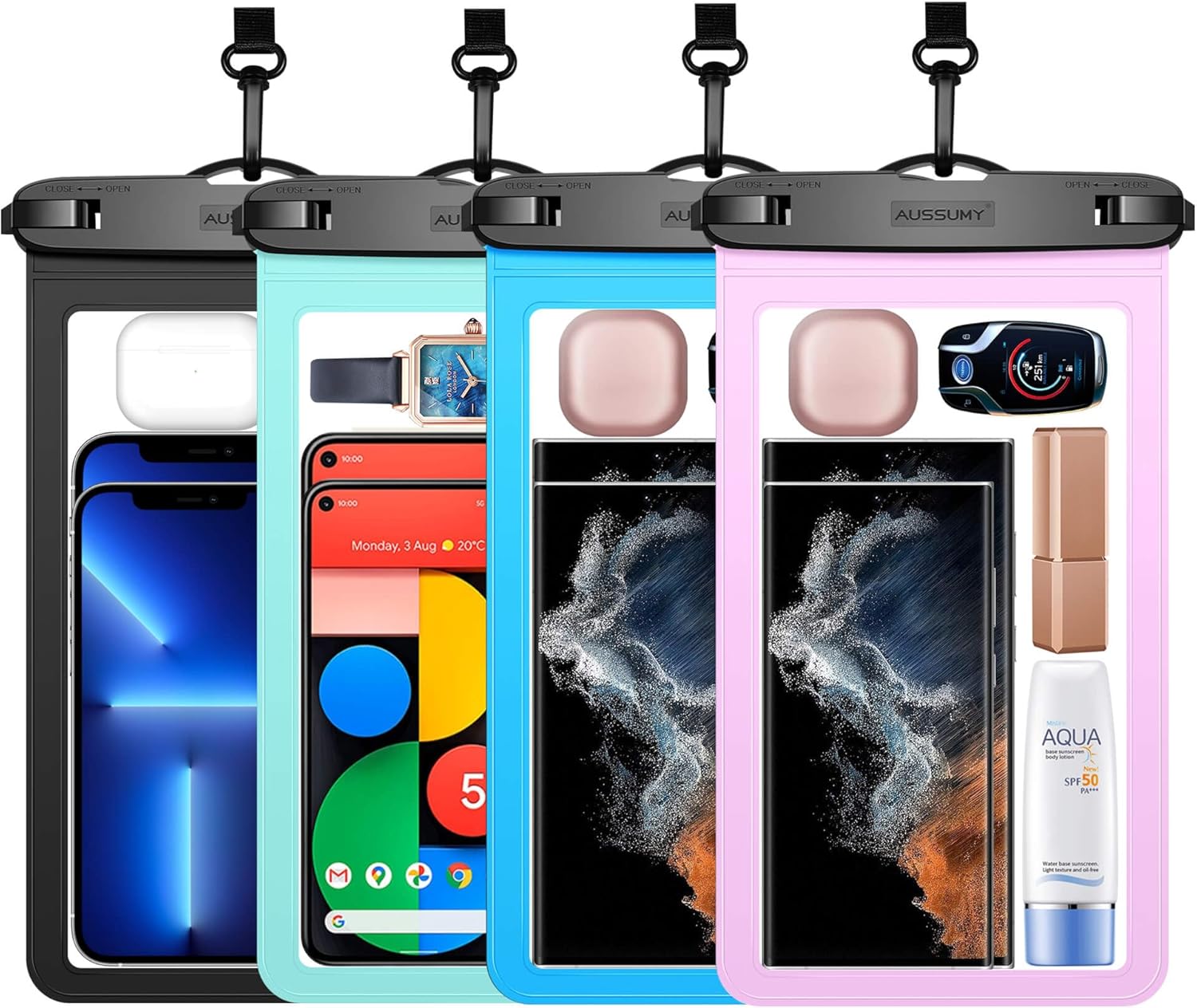 4 Pack 10.5“ Large Waterproof Phone Pouch – Underwater Clear Cell Holder – Universal Water Proof Dry Bag with Neck Lanyard for iPhone 16 Pro Max Samsung Galaxy with Heavy Case for Beach Swimming Pool