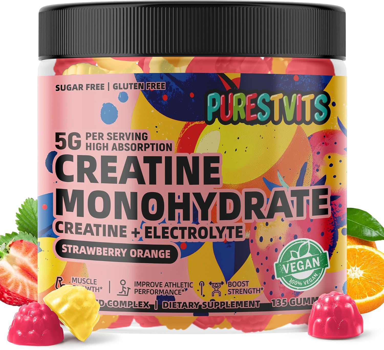 Creatine Monohydrate Gummies (5g) – Pre-Workout Energy & Muscle Growth Support for Men & Women | Strawberry Orange Electrolyte Gummies (135 Count)