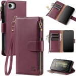Compatible with iPhone 16e Wallet Case with Card Holder,Women Men RFID Blocking PU Leather Flip Cover Wrist Strap Zipper Credit Card Slots,Phone Case for Apple 16e 2025,Wine Red