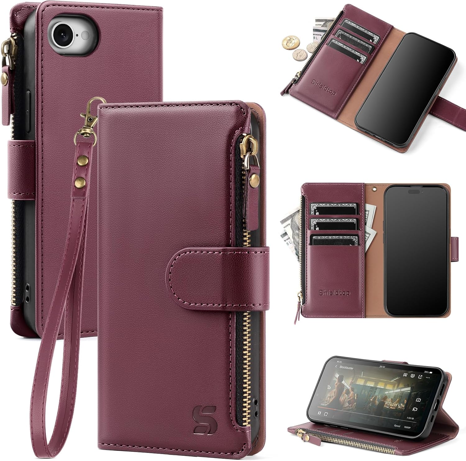 Compatible with iPhone 16e Wallet Case with Card Holder,Women Men RFID Blocking PU Leather Flip Cover Wrist Strap Zipper Credit Card Slots,Phone Case for Apple 16e 2025,Wine Red