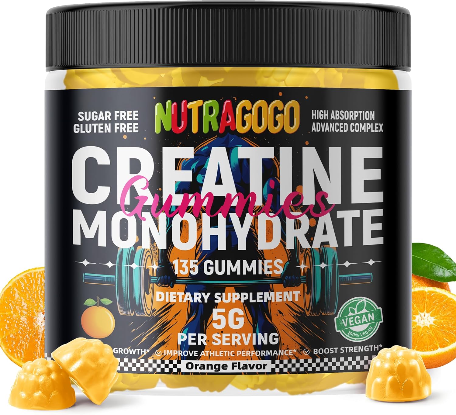 Creatine Monohydrate Gummies for Men & Women-5g of Creatine Monohydrate per Serving – Sugar Free,Vegan, Organe Electrolyte Chews, 135 Count