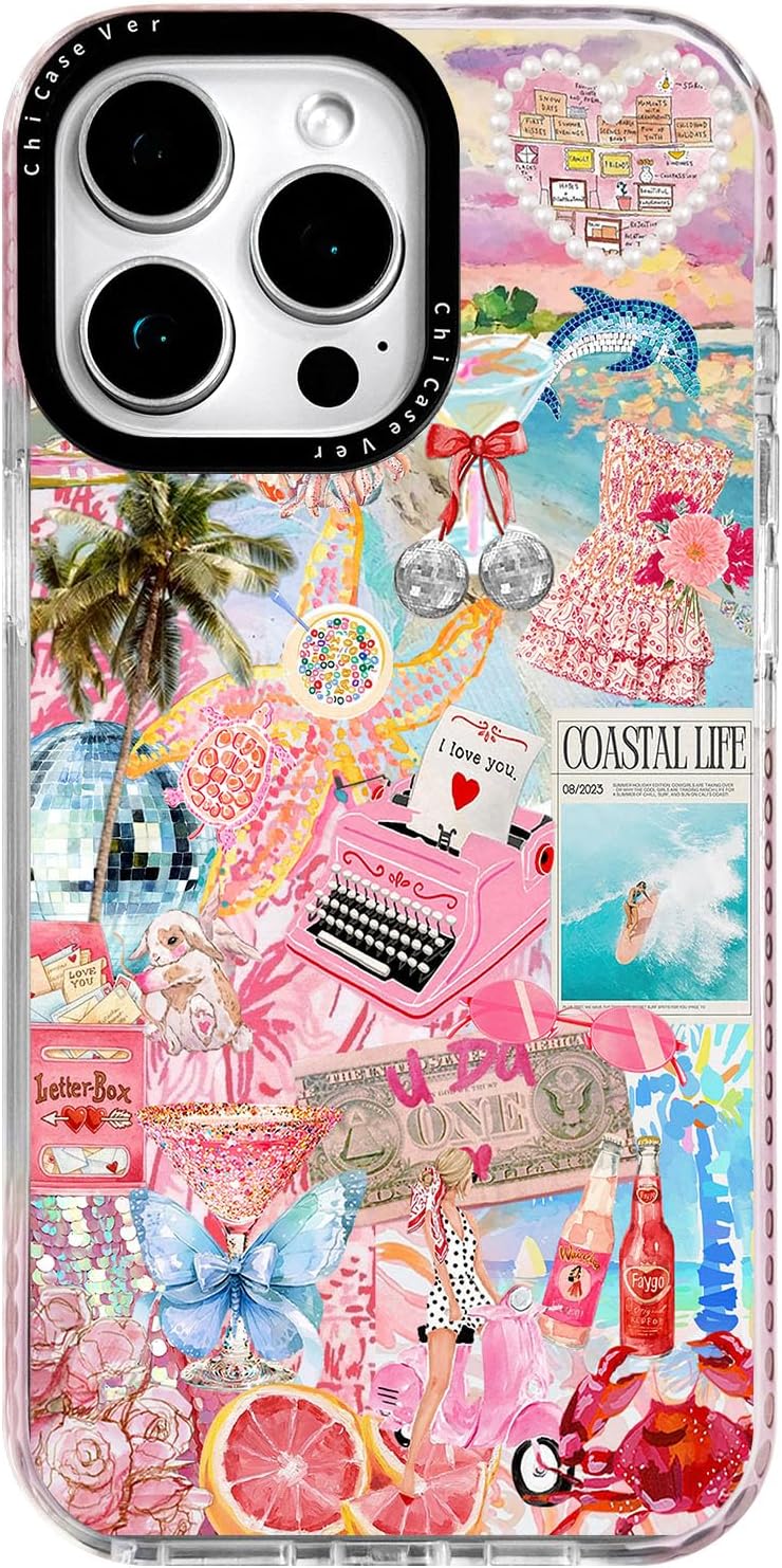 for iPhone 14 Case, Coastal Life Pattern with Tropical Collage, Military-Grade Drop Protection, Cute Soft Slim TPU Protective Cover with Camera Protection for Women & Girls