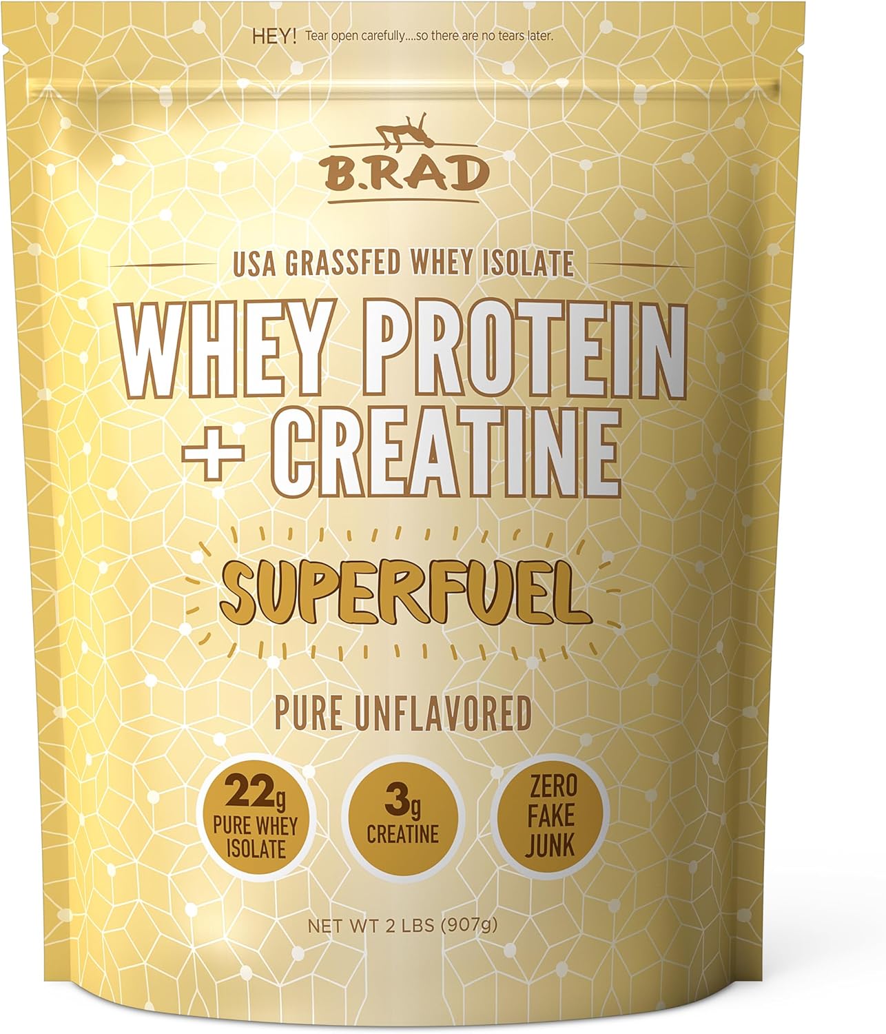 B.rad Grass Fed Whey Protein Isolate Powder with Creatine | Ultra-Pure, All-Natural Clean Ingredients | Superfuel with Whey and Creatine | 2 Pounds | 100% USA Sourced | Unflavored