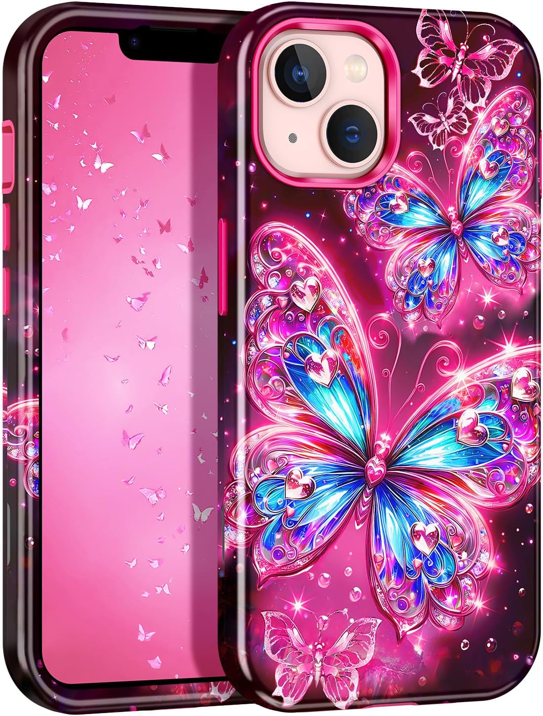 Hekodonk for iPhone 13 Case/iPhone 14 Case, Heavy Duty Full Body Shockproof Protection 3 in 1 Hybrid Hard PC Soft Rubber Rugged Drop Protective Slim Women Phone Case for iPhone 13/14, Hot Pink