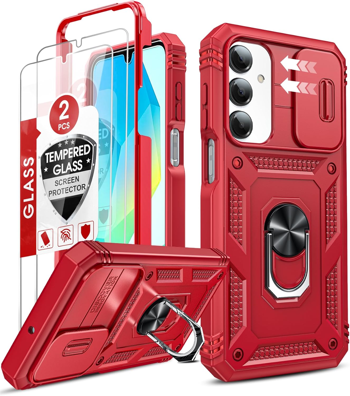 LeYi Compatible for Samsung A16-5G Case: A16 5G Screen Protector X 2 with Galaxy A16 5G Phone Case, Magnetic Rotatable Kickstand, Heavy Duty Shockproof for Celular Android Phone Case A 16, Red