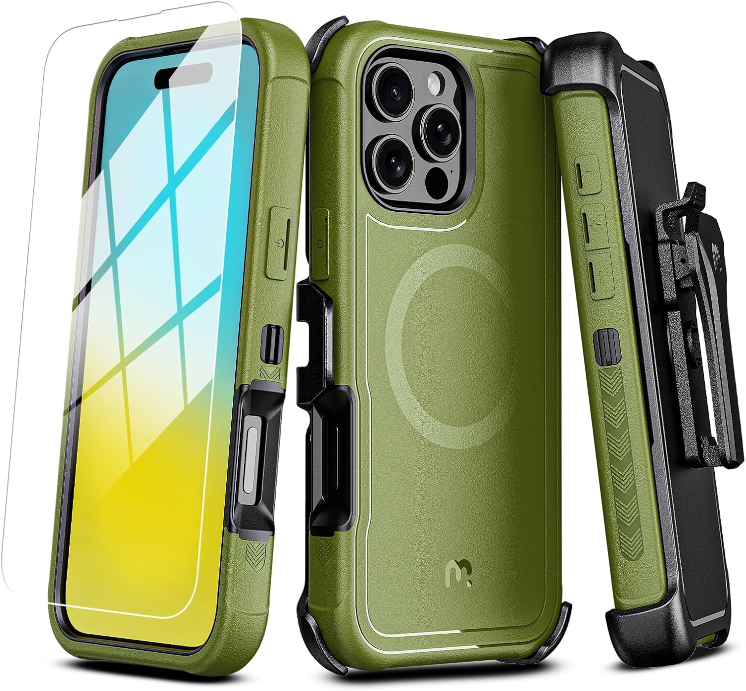 M MYBAT PRO Maverick Series iPhone 16 Pro Max Case with Belt Clip Holster,[Compatible with Magsafe] w/Screen Protector,Anti-Drop,Shockproof,360°Rotating Kickstand,Heavy Duty Protection Army Green