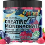Creatine Monohydrate Gummies (5g) – Pre-Workout Energy & Muscle Growth Support for Men & Women | Blueberry Raspberry Electrolyte Gummies (135 Count)