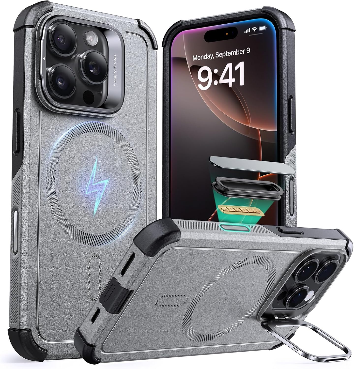 ESR for iPhone 16 Pro Max Case with Stand, 23 ft Military-Grade Drop Protection Heavy Duty Magnetic Phone Case, Compatible with MagSafe Accessories, Cyber Series, Titanium