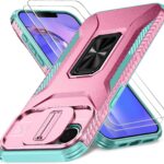 Case for iPhone 16e with Slide Camera Cover+Screen Protector(2 Packs), Military Grade Shockproof Protective Cover, Rotated Ring Kickstand(A – Pink+Celadon)