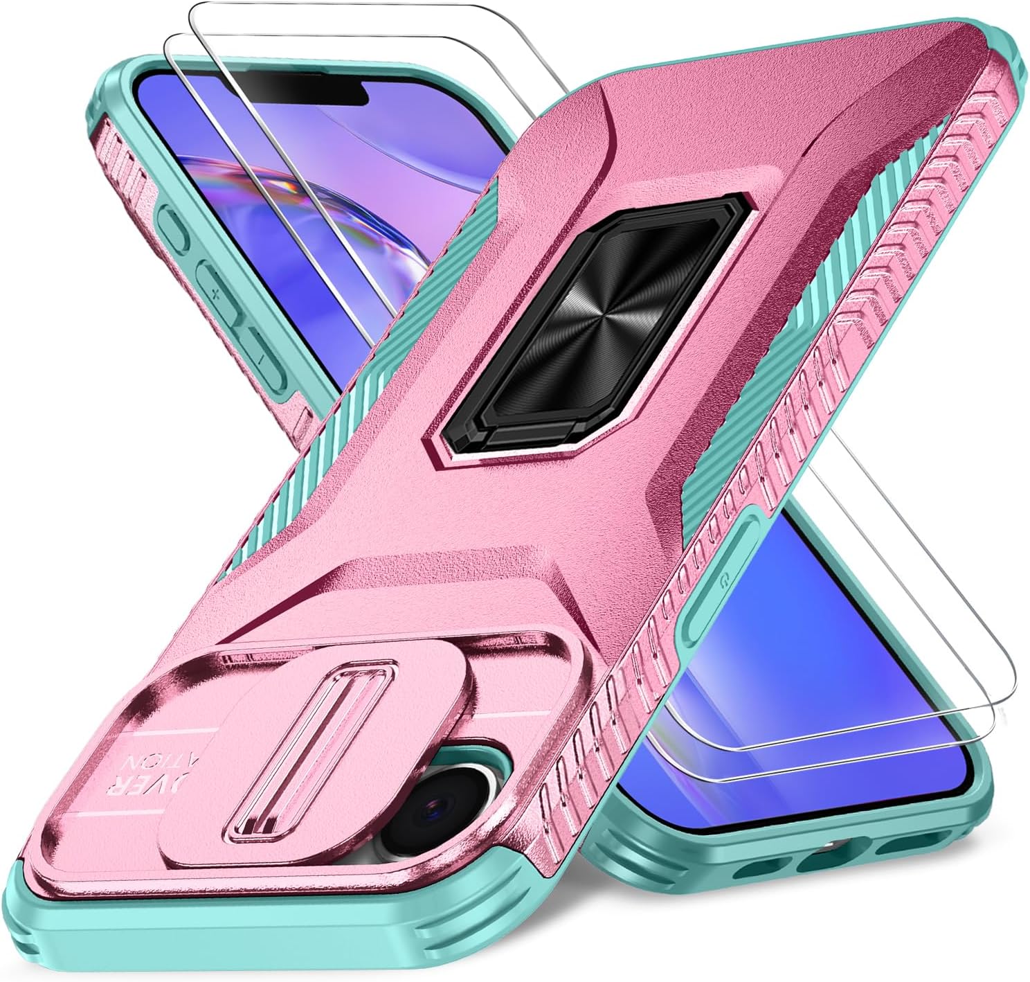 Case for iPhone 16e with Slide Camera Cover+Screen Protector(2 Packs), Military Grade Shockproof Protective Cover, Rotated Ring Kickstand(A – Pink+Celadon)