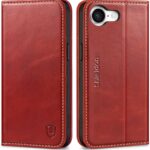 SHIELDON Wallet Case for iPhone 16e 5G 2025, Genuine Leather Folio Book Case Magnetic Closure RFID Blocking Card Holder Kickstand Full Protection Cover Compatible with iPhone 16e 6.1″ – Retro Red