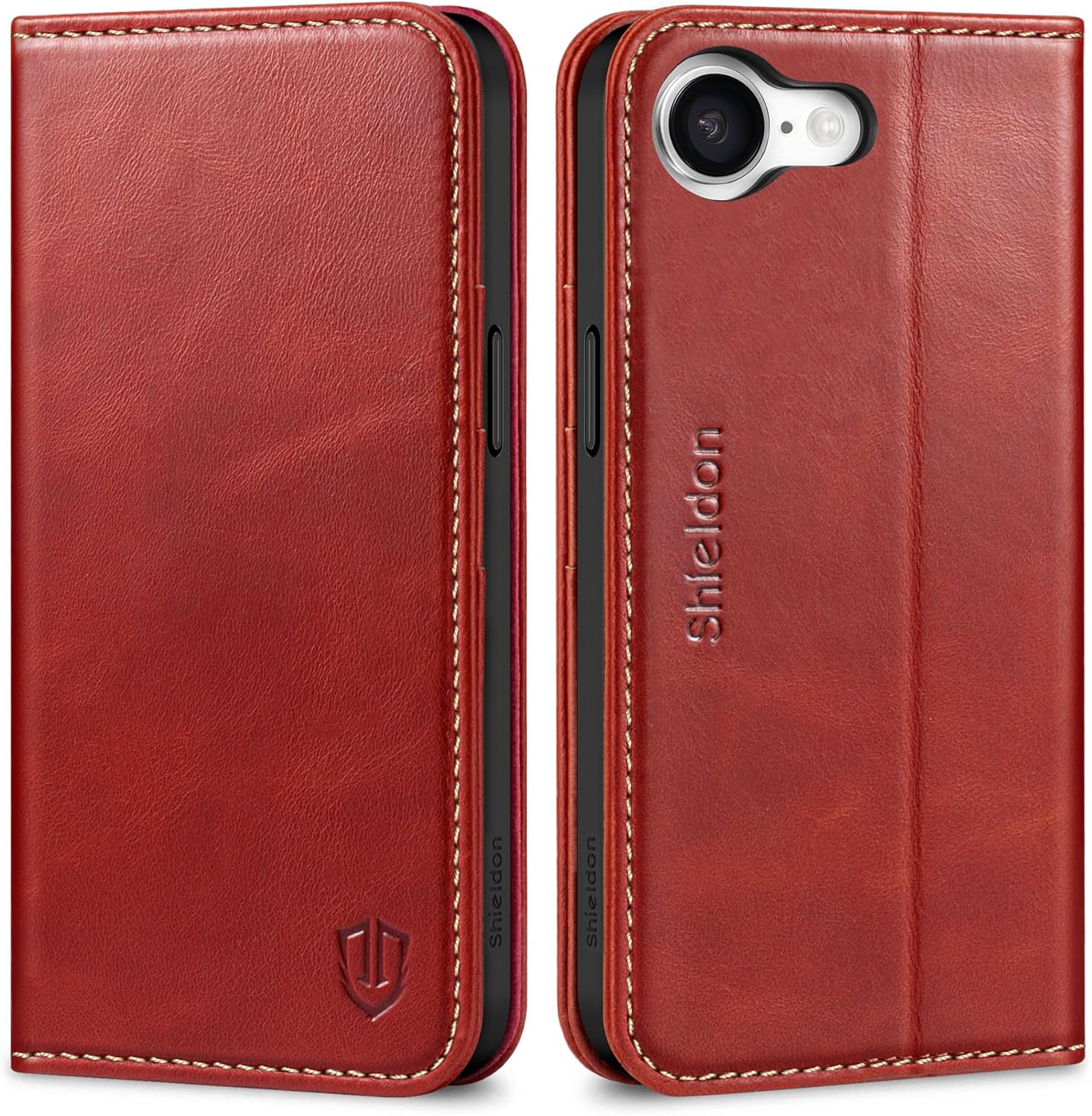 SHIELDON Wallet Case for iPhone 16e 5G 2025, Genuine Leather Folio Book Case Magnetic Closure RFID Blocking Card Holder Kickstand Full Protection Cover Compatible with iPhone 16e 6.1″ – Retro Red
