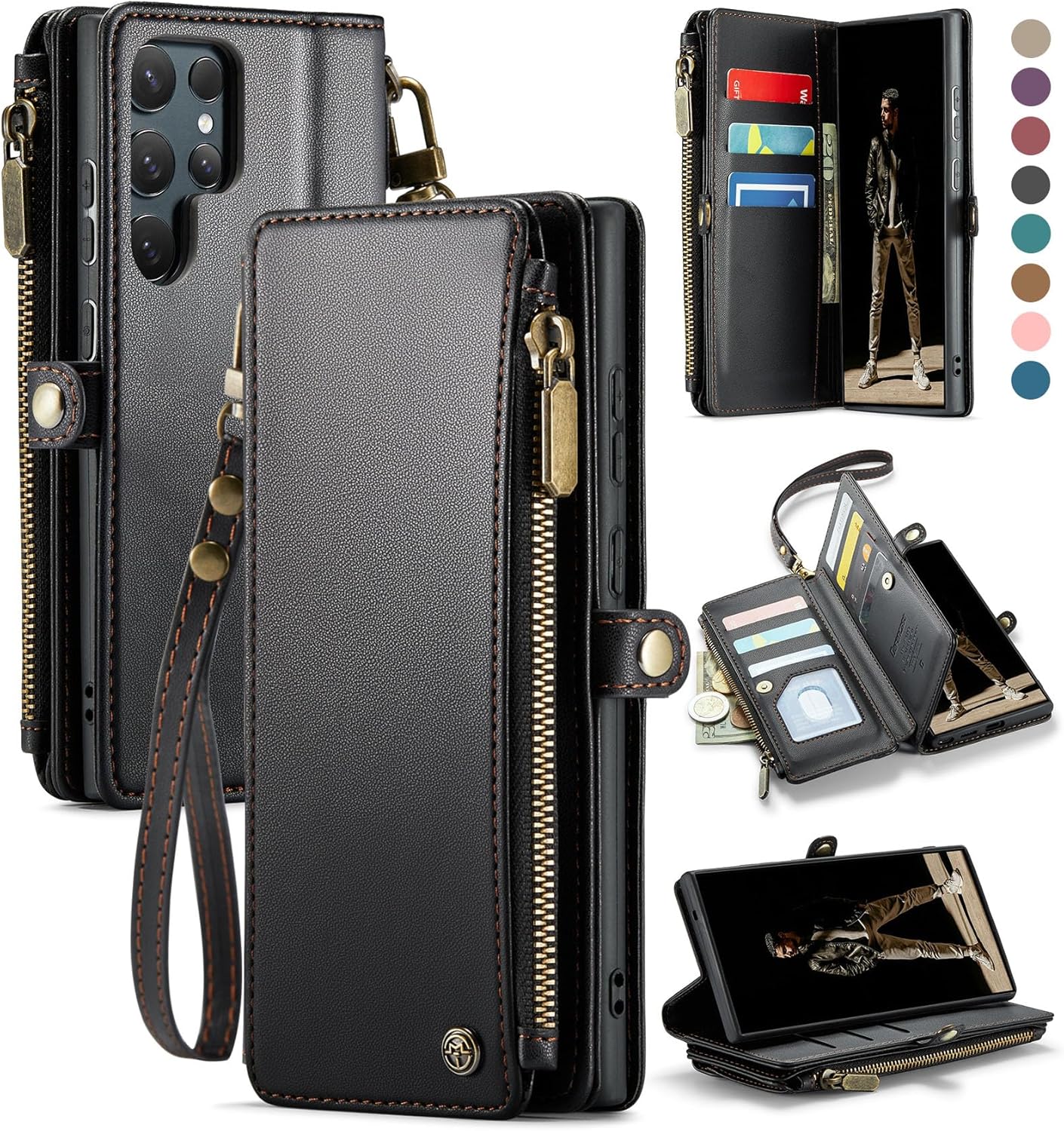 Defencase for Galaxy S25 Ultra Case Wallet with RFID Blocking Card Holder for Women Men, PU Leather Magnetic Snap Flip Wristlet Strap Zipper Wallet Phone Cases for Samsung Galaxy S25 Ultra 6.9″, Black